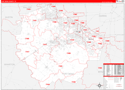 Fort Bend County, TX Wall Map Zip Code Red Line Style 2024